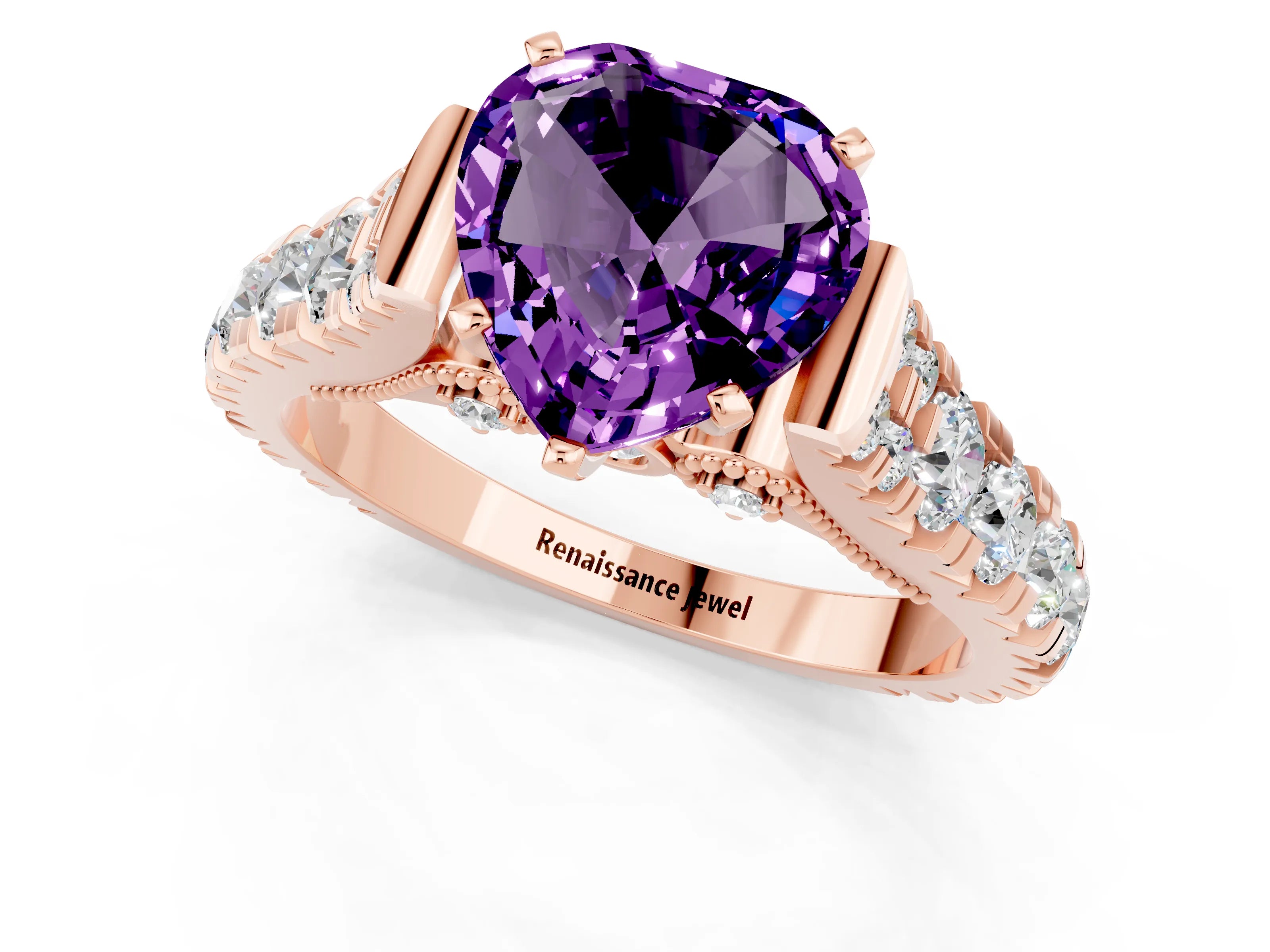Rose gold Heart Cut Amethyst Classic Solitaire Ring with Pavé Band and Four-Prong Setting_1