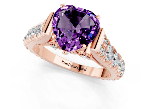 Rose gold Heart Cut Amethyst Classic Solitaire Ring with Pavé Band and Four-Prong Setting_1