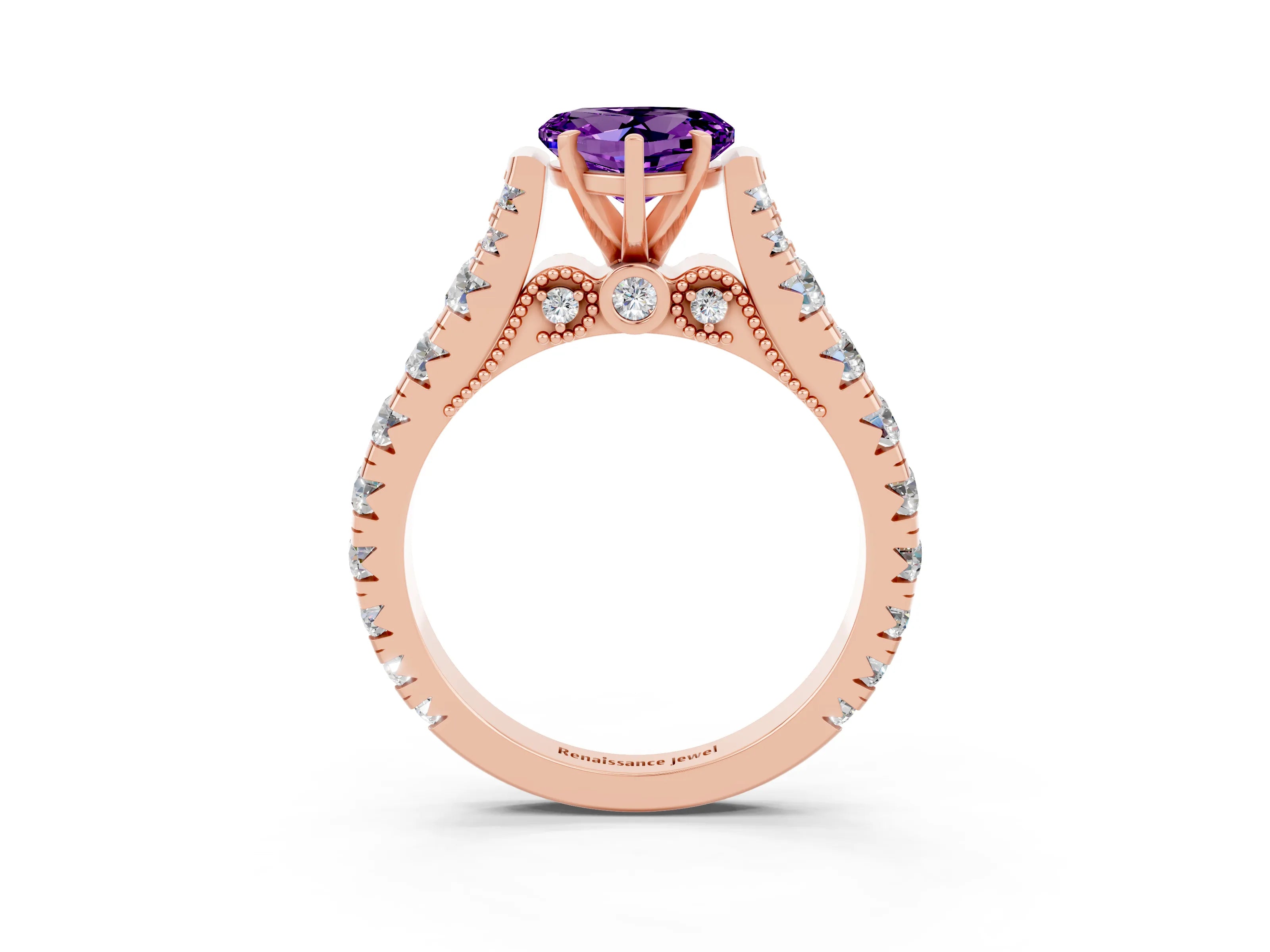 Rose gold Heart Cut Amethyst Classic Solitaire Ring with Pavé Band and Four-Prong Setting_3