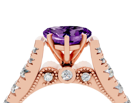 Rose gold Heart Cut Amethyst Classic Solitaire Ring with Pavé Band and Four-Prong Setting_4