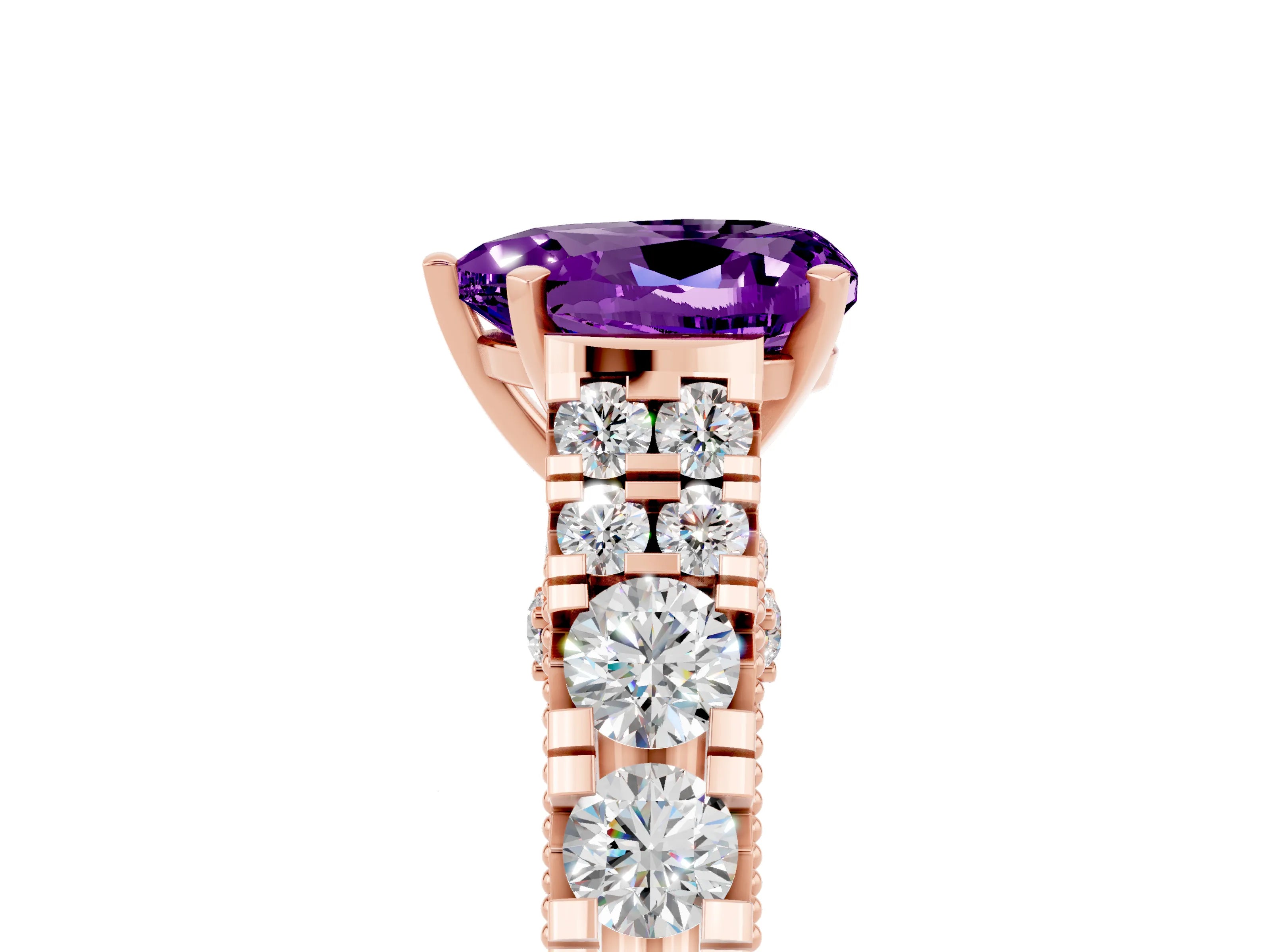 Rose gold Heart Cut Amethyst Classic Solitaire Ring with Pavé Band and Four-Prong Setting_5