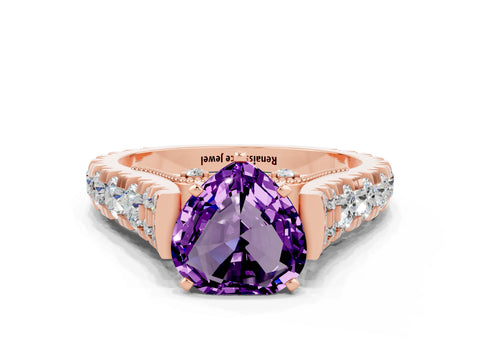 Rose gold Heart Cut Amethyst Classic Solitaire Ring with Pavé Band and Four-Prong Setting