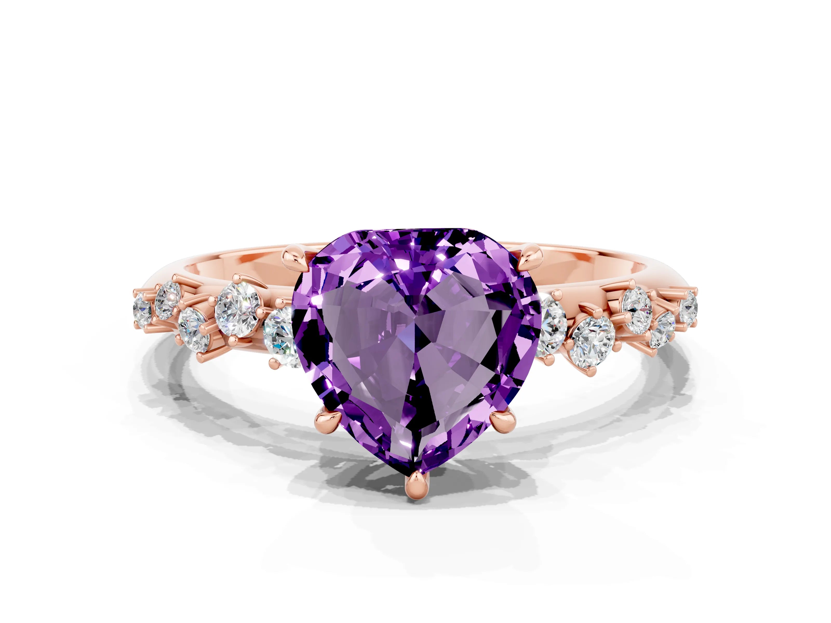 Rose gold Heart Cut Amethyst Cluster Side Stone Solitaire Ring with Prong Setting_24