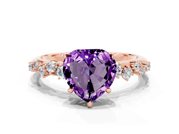 Rose gold Heart Cut Amethyst Cluster Side Stone Solitaire Ring with Prong Setting
