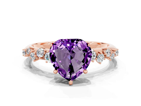Rose gold Heart Cut Amethyst Cluster Side Stone Solitaire Ring with Prong Setting_24