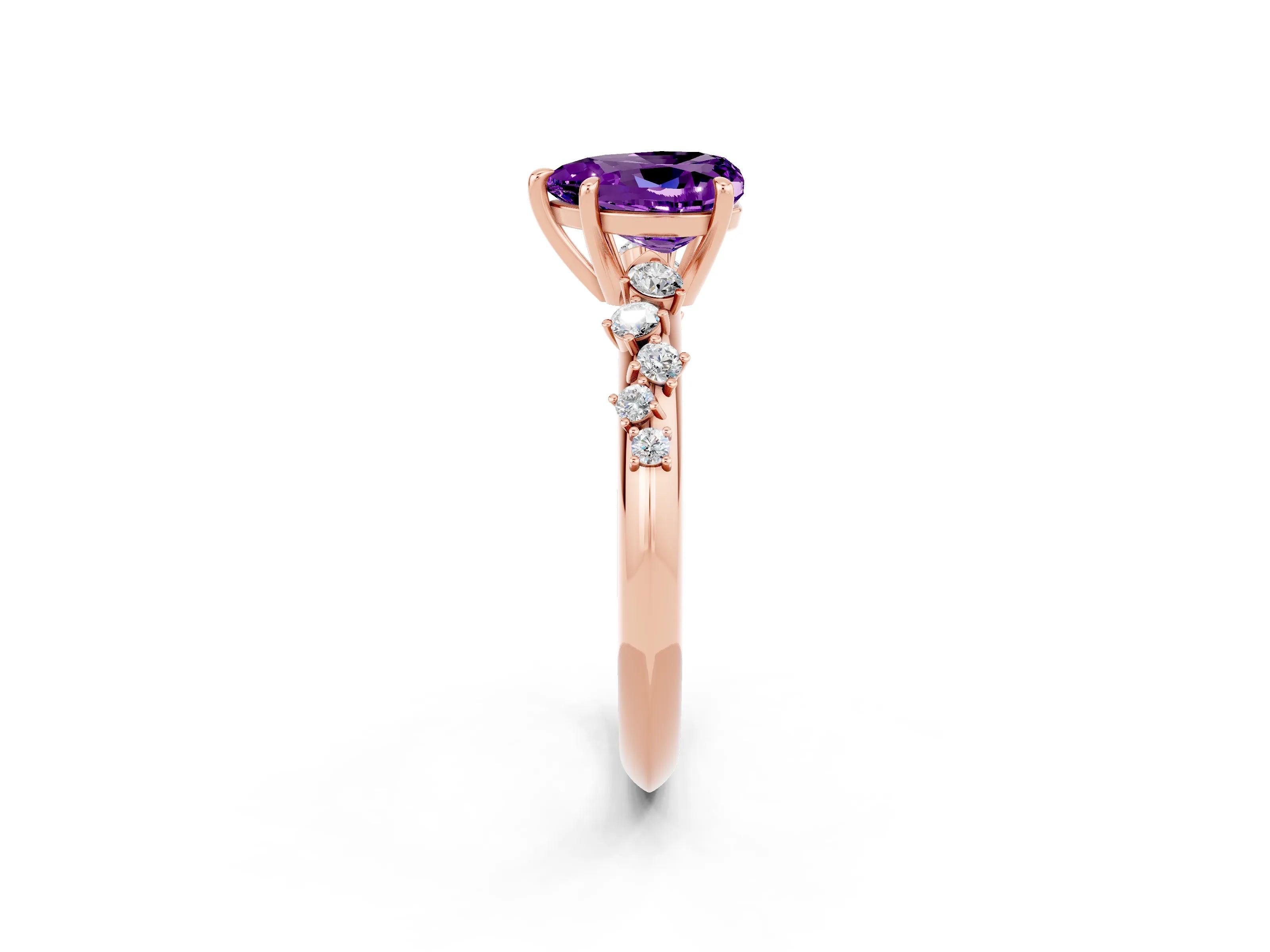 Rose gold Heart Cut Amethyst Cluster Side Stone Solitaire Ring with Prong Setting_26