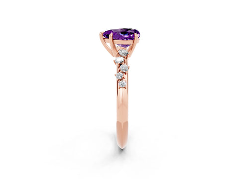 Rose gold Heart Cut Amethyst Cluster Side Stone Solitaire Ring with Prong Setting_26