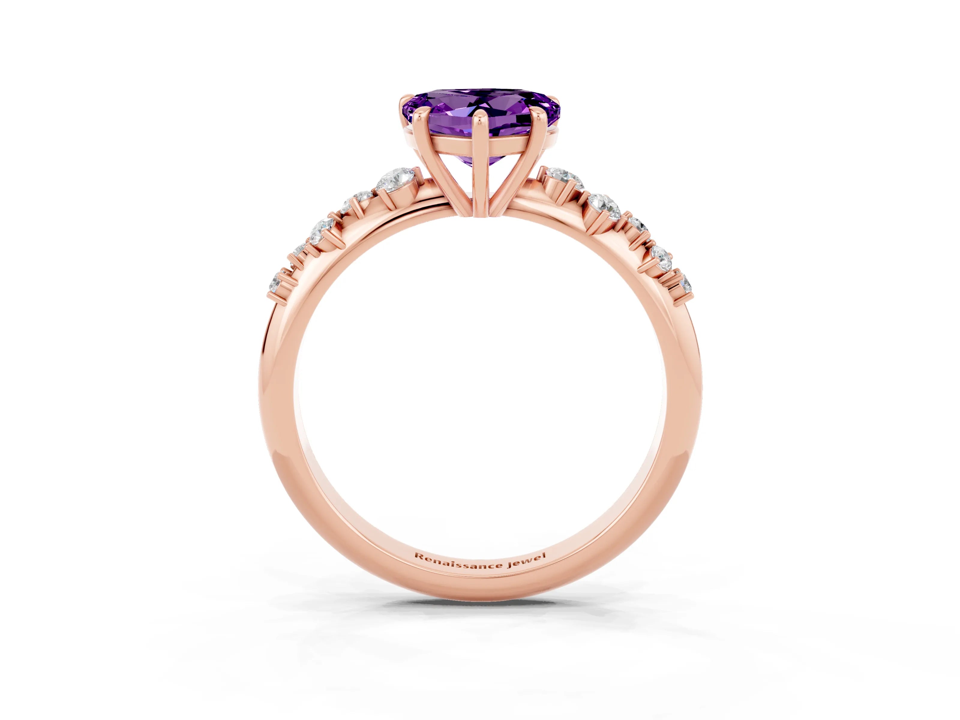 Rose gold Heart Cut Amethyst Cluster Side Stone Solitaire Ring with Prong Setting_27
