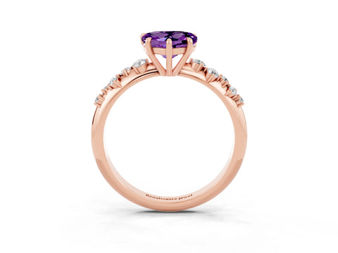 Rose gold Heart Cut Amethyst Cluster Side Stone Solitaire Ring with Prong Setting_27