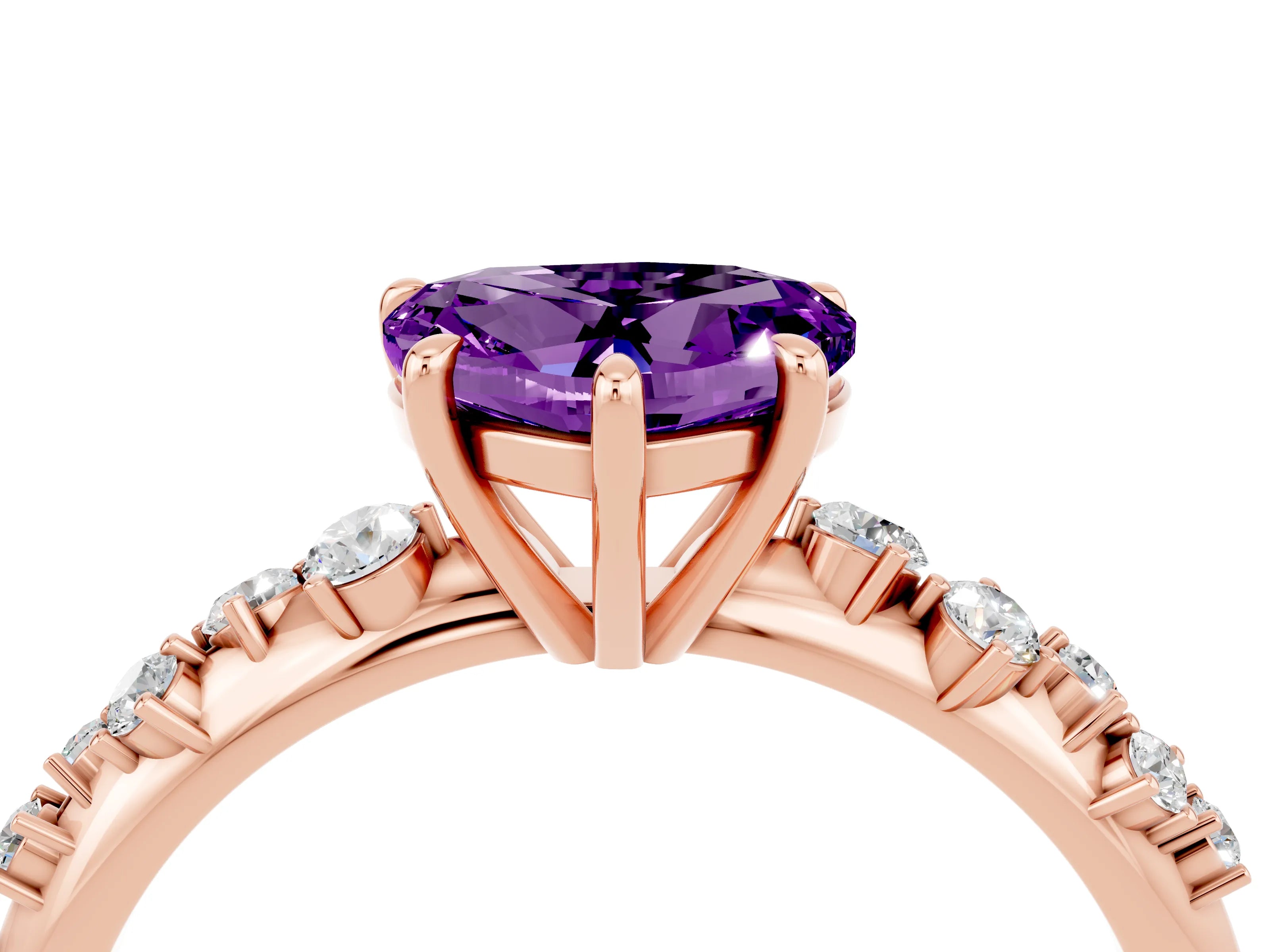 Rose gold Heart Cut Amethyst Cluster Side Stone Solitaire Ring with Prong Setting_28