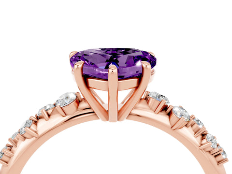 Rose gold Heart Cut Amethyst Cluster Side Stone Solitaire Ring with Prong Setting_28