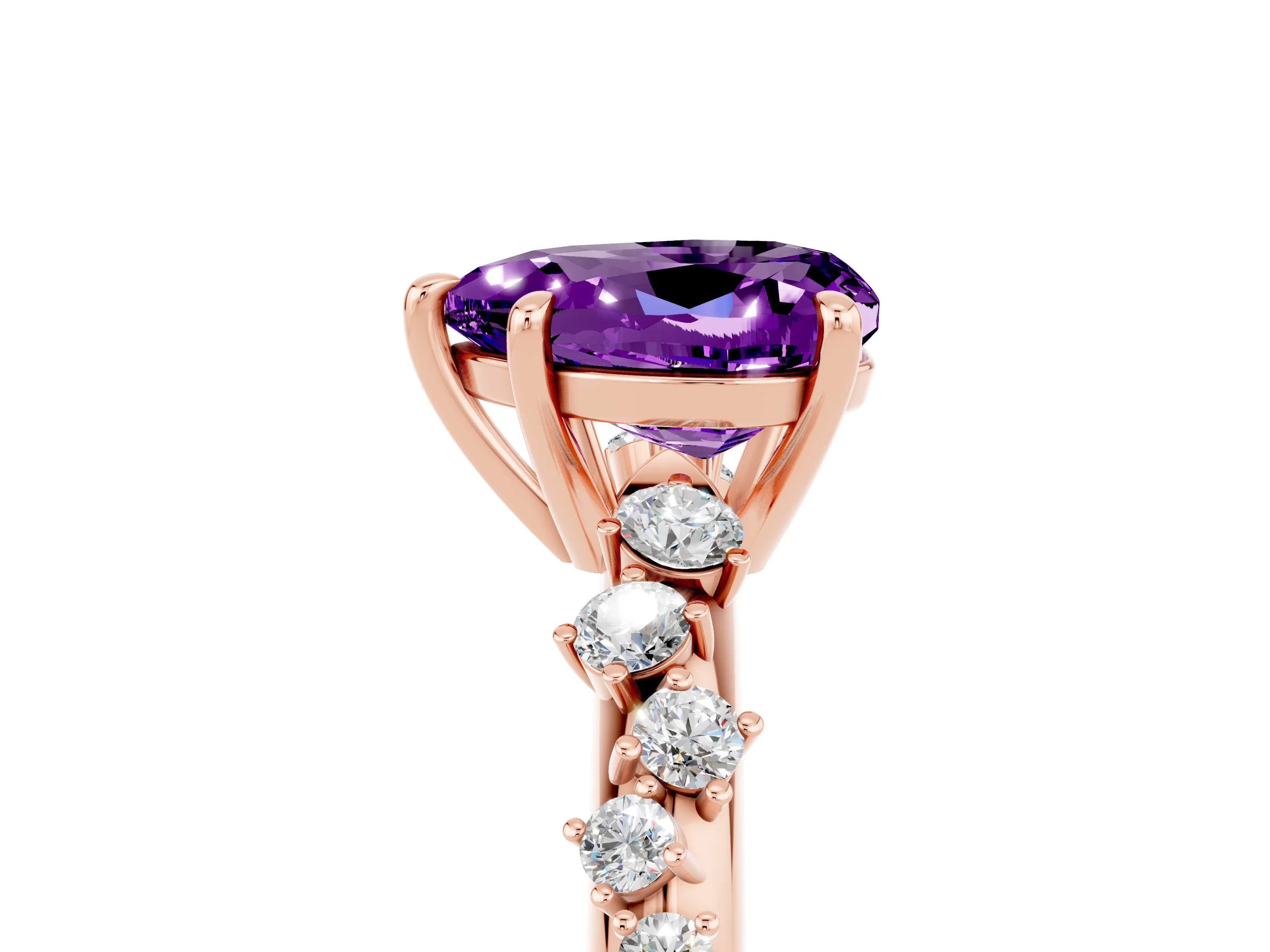 Rose gold Heart Cut Amethyst Cluster Side Stone Solitaire Ring with Prong Setting_29