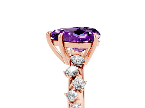 Rose gold Heart Cut Amethyst Cluster Side Stone Solitaire Ring with Prong Setting_29
