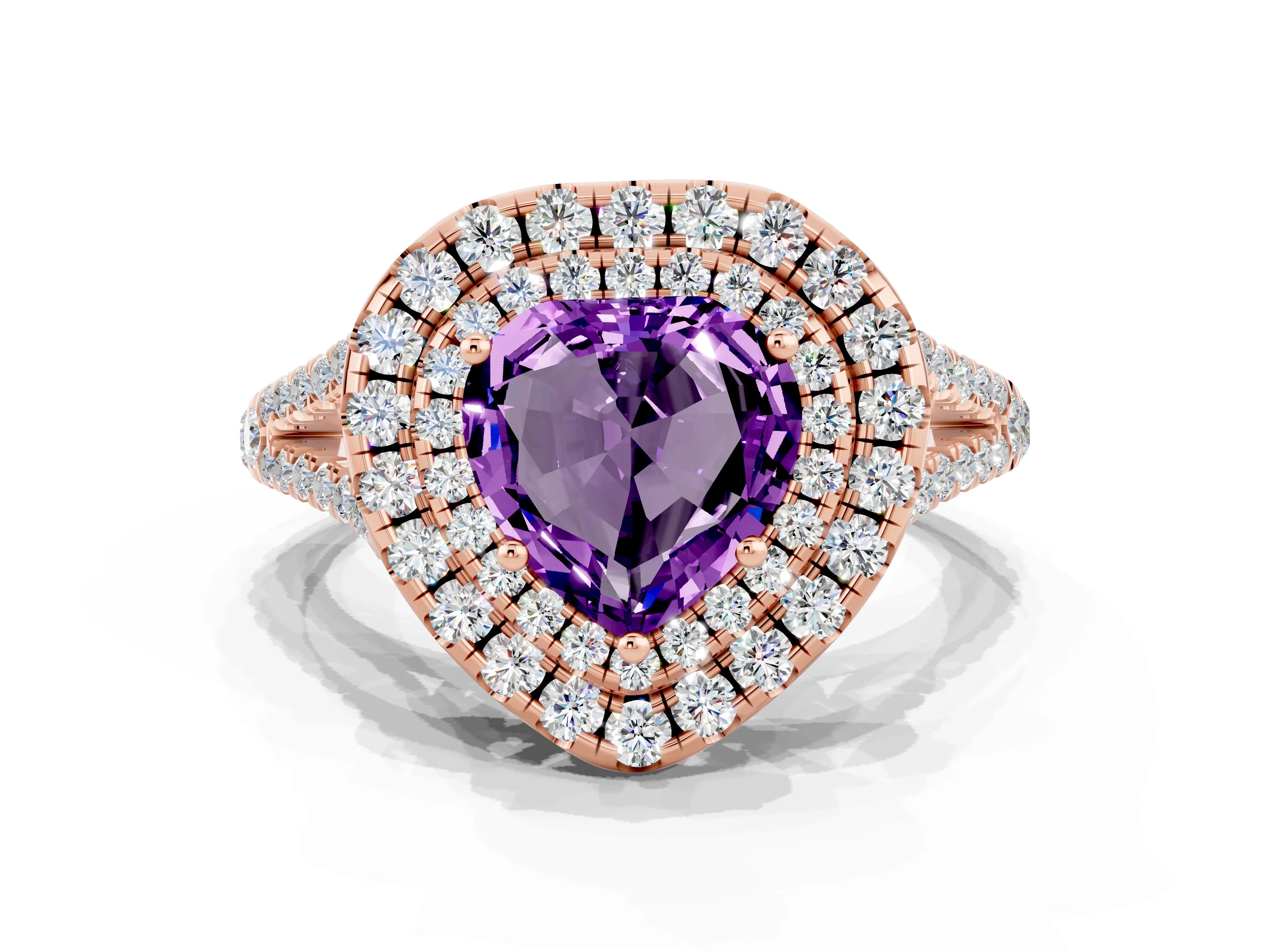 Rose gold Heart Cut Amethyst Double Halo Ring with Pavé Band and Prong Setting_12