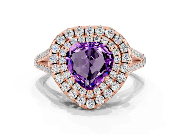 Rose gold Heart Cut Amethyst Double Halo Ring with Pavé Band and Prong Setting