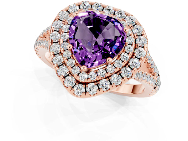 Rose gold Heart Cut Amethyst Double Halo Ring with Pavé Band and Prong Setting