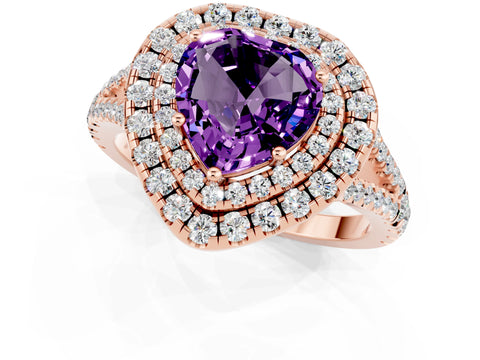 Rose gold Heart Cut Amethyst Double Halo Ring with Pavé Band and Prong Setting_13