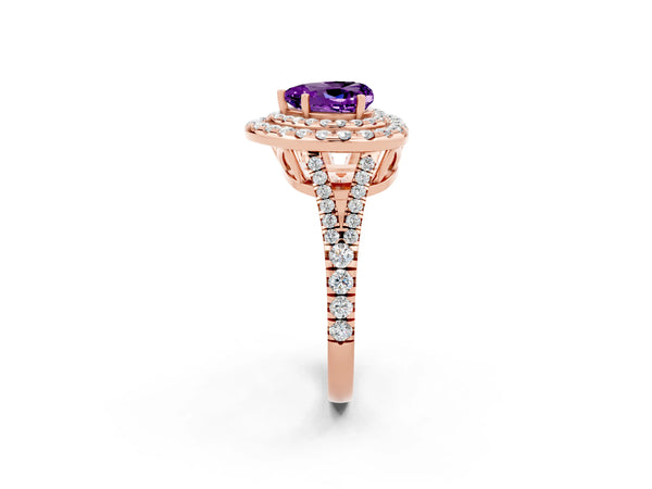 Rose gold Heart Cut Amethyst Double Halo Ring with Pavé Band and Prong Setting