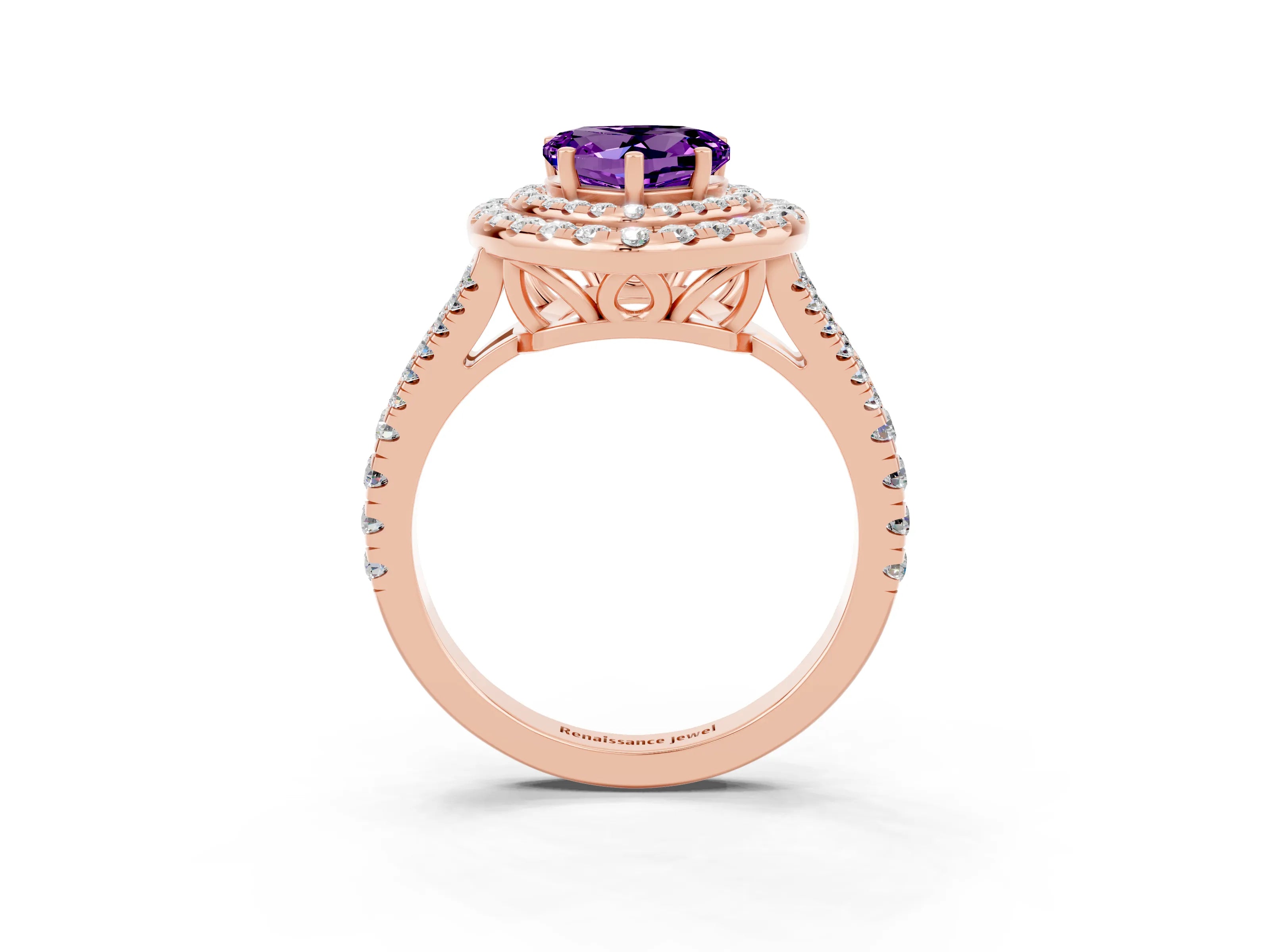 Rose gold Heart Cut Amethyst Double Halo Ring with Pavé Band and Prong Setting_15