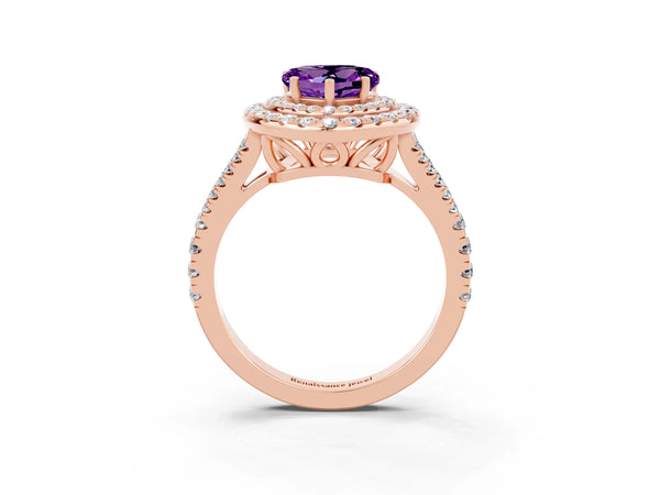 Rose gold Heart Cut Amethyst Double Halo Ring with Pavé Band and Prong Setting