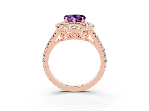 Rose gold Heart Cut Amethyst Double Halo Ring with Pavé Band and Prong Setting_15