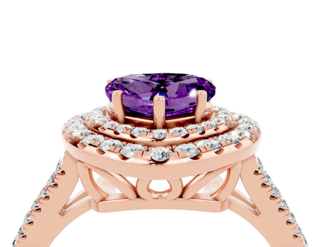 Rose gold Heart Cut Amethyst Double Halo Ring with Pavé Band and Prong Setting_16