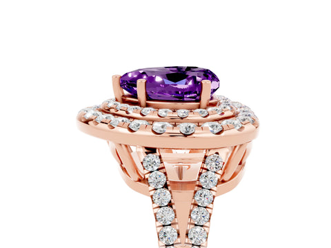 Rose gold Heart Cut Amethyst Double Halo Ring with Pavé Band and Prong Setting_17