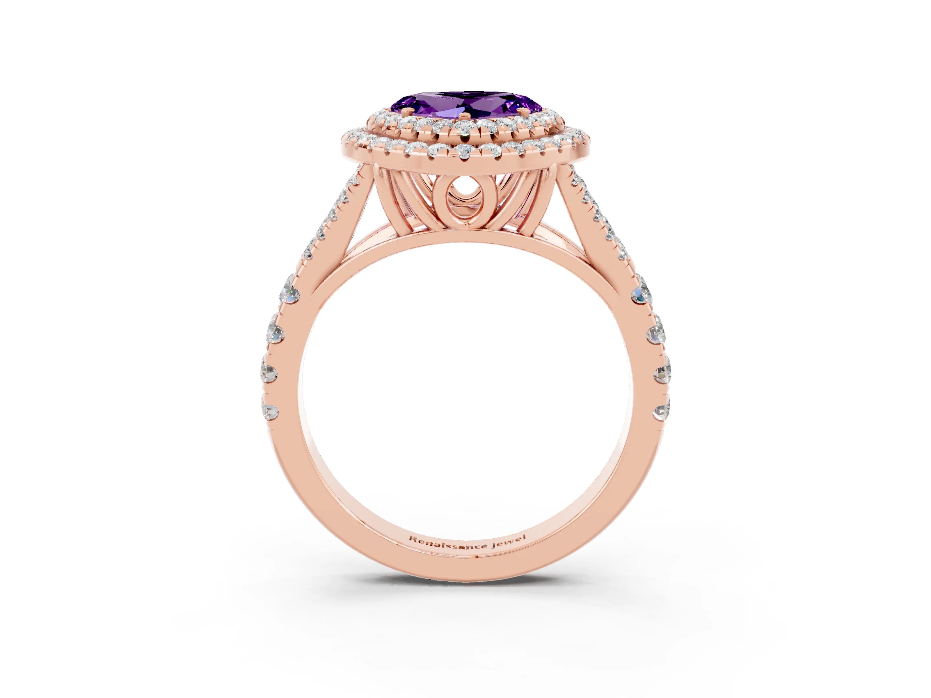 Rose gold Heart Cut Amethyst Double Halo Ring with Split Shank and Prong Setting_15