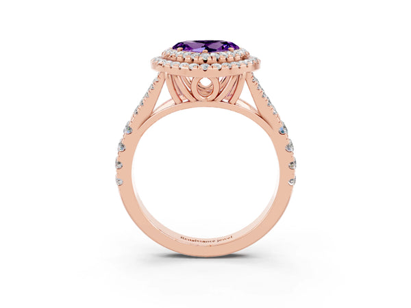 Rose gold Heart Cut Amethyst Double Halo Ring with Split Shank and Prong Setting