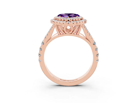Rose gold Heart Cut Amethyst Double Halo Ring with Split Shank and Prong Setting_15