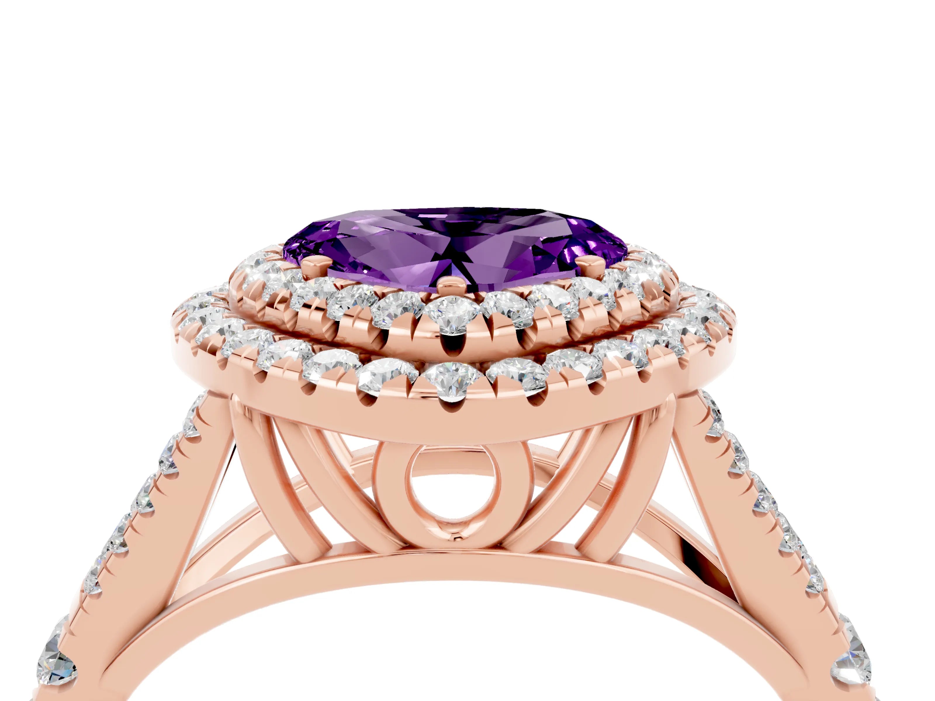 Rose gold Heart Cut Amethyst Double Halo Ring with Split Shank and Prong Setting_16