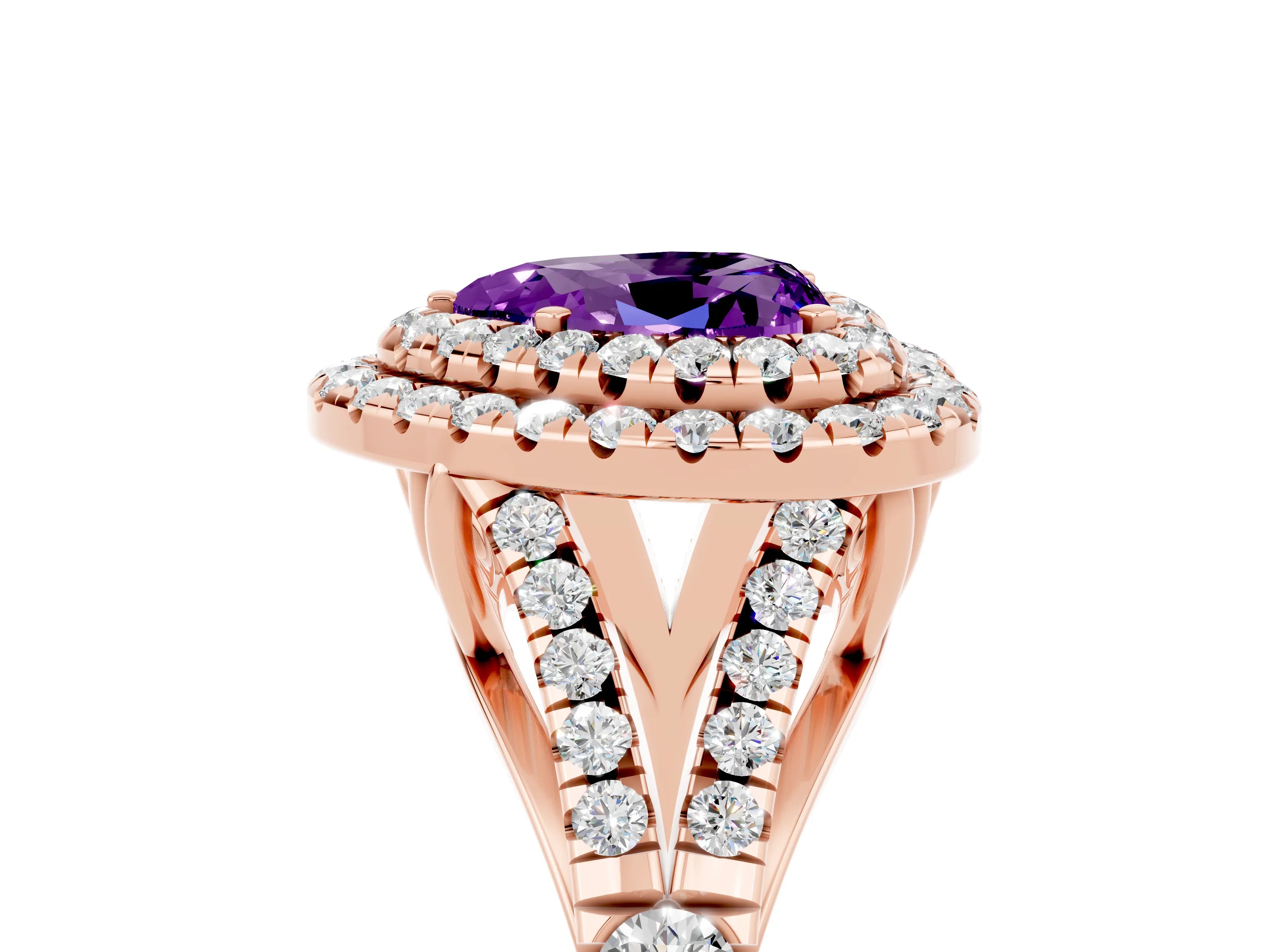 Rose gold Heart Cut Amethyst Double Halo Ring with Split Shank and Prong Setting_17