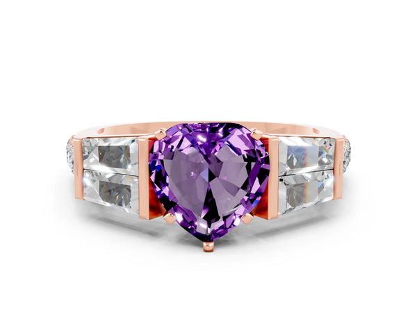 Rose gold Heart Cut Amethyst Engagement Ring with Baguette Side Stones and Channel Set Band