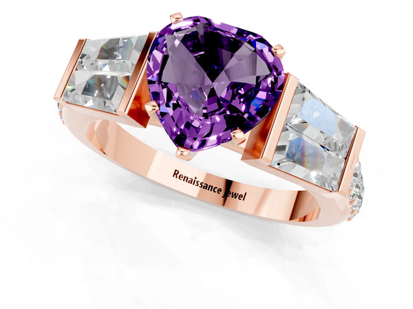 Rose gold Heart Cut Amethyst Engagement Ring with Baguette Side Stones and Channel Set Band