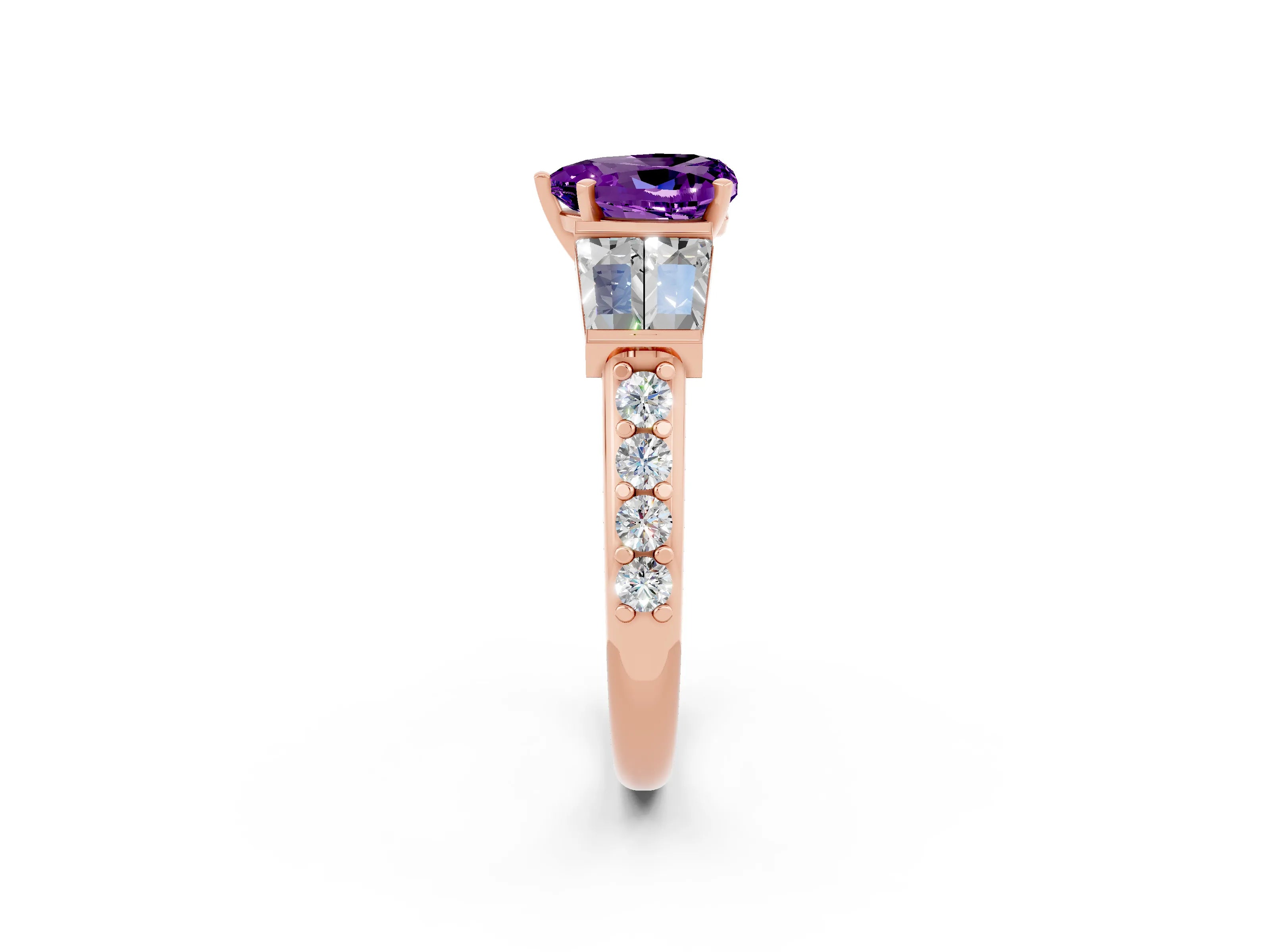 Rose gold Heart Cut Amethyst Engagement Ring with Baguette Side Stones and Channel Set Band_2