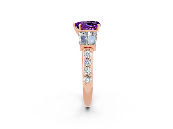 Rose gold Heart Cut Amethyst Engagement Ring with Baguette Side Stones and Channel Set Band