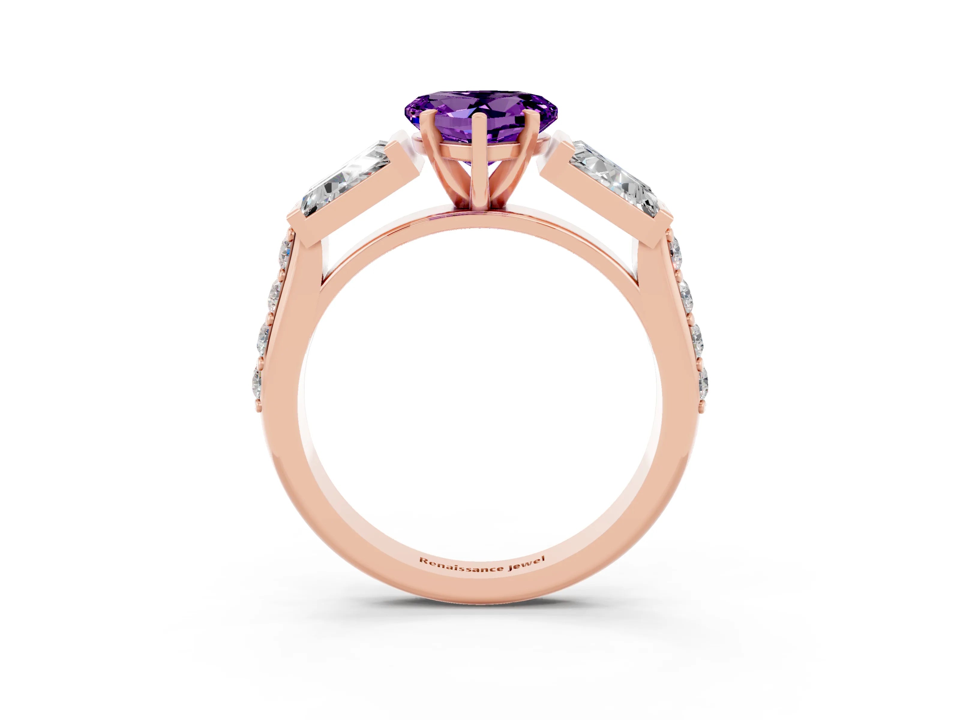 Rose gold Heart Cut Amethyst Engagement Ring with Baguette Side Stones and Channel Set Band_3