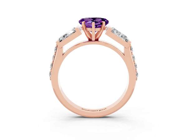 Rose gold Heart Cut Amethyst Engagement Ring with Baguette Side Stones and Channel Set Band