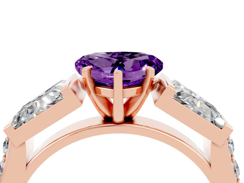 Rose gold Heart Cut Amethyst Engagement Ring with Baguette Side Stones and Channel Set Band_4