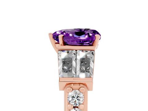 Rose gold Heart Cut Amethyst Engagement Ring with Baguette Side Stones and Channel Set Band_5