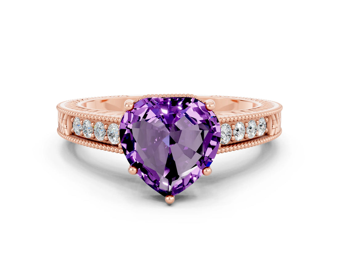 Rose gold Heart Cut Amethyst Engagement Ring with Milgrain Channel Set Band and Prong Setting