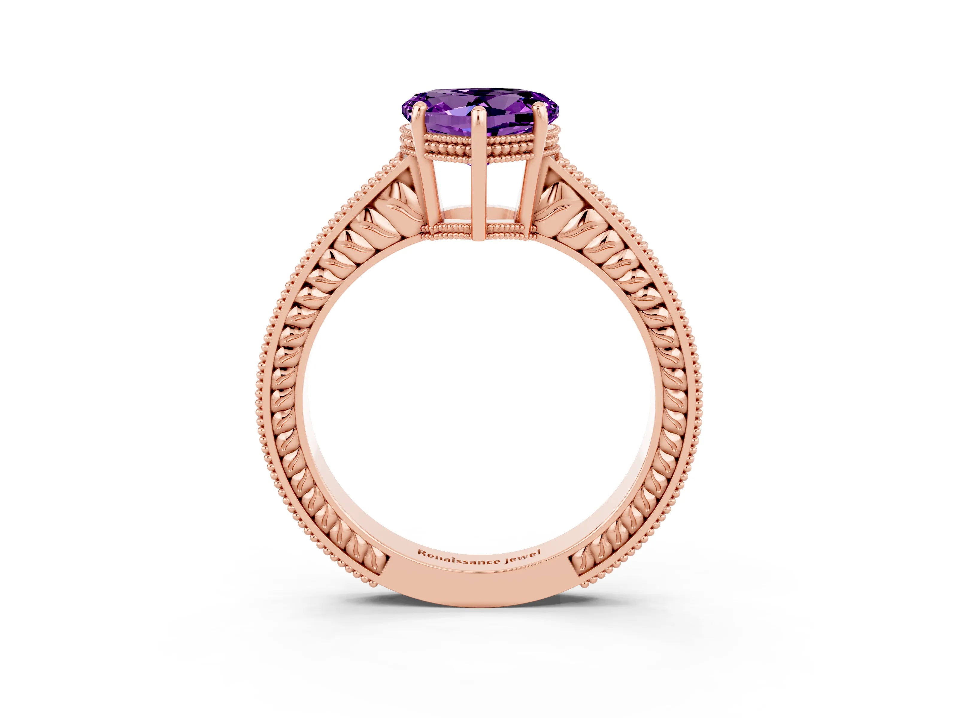 Rose gold Heart Cut Amethyst Engagement Ring with Milgrain Channel Set Band and Prong Setting_3