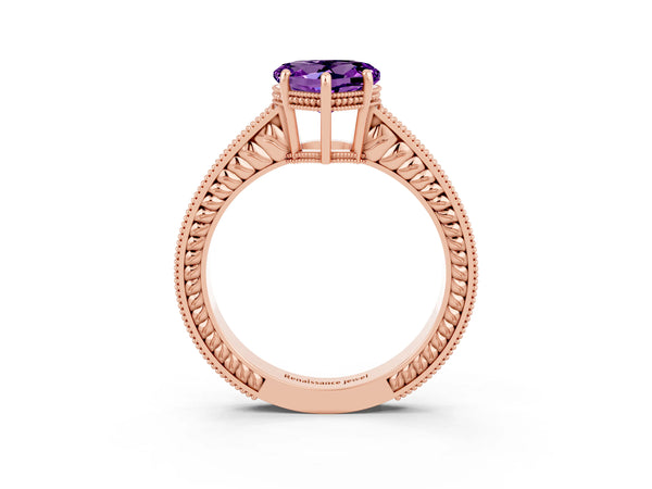 Rose gold Heart Cut Amethyst Engagement Ring with Milgrain Channel Set Band and Prong Setting