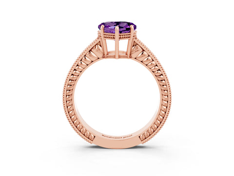 Rose gold Heart Cut Amethyst Engagement Ring with Milgrain Channel Set Band and Prong Setting_3