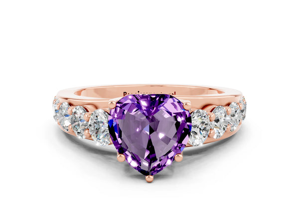 Rose gold Heart Cut Amethyst Engagement Ring with Pavé Band and Four-Prong Setting