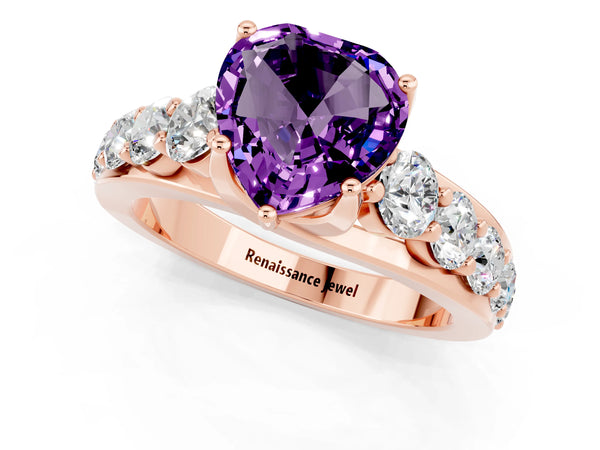 Rose gold Heart Cut Amethyst Engagement Ring with Pavé Band and Four-Prong Setting