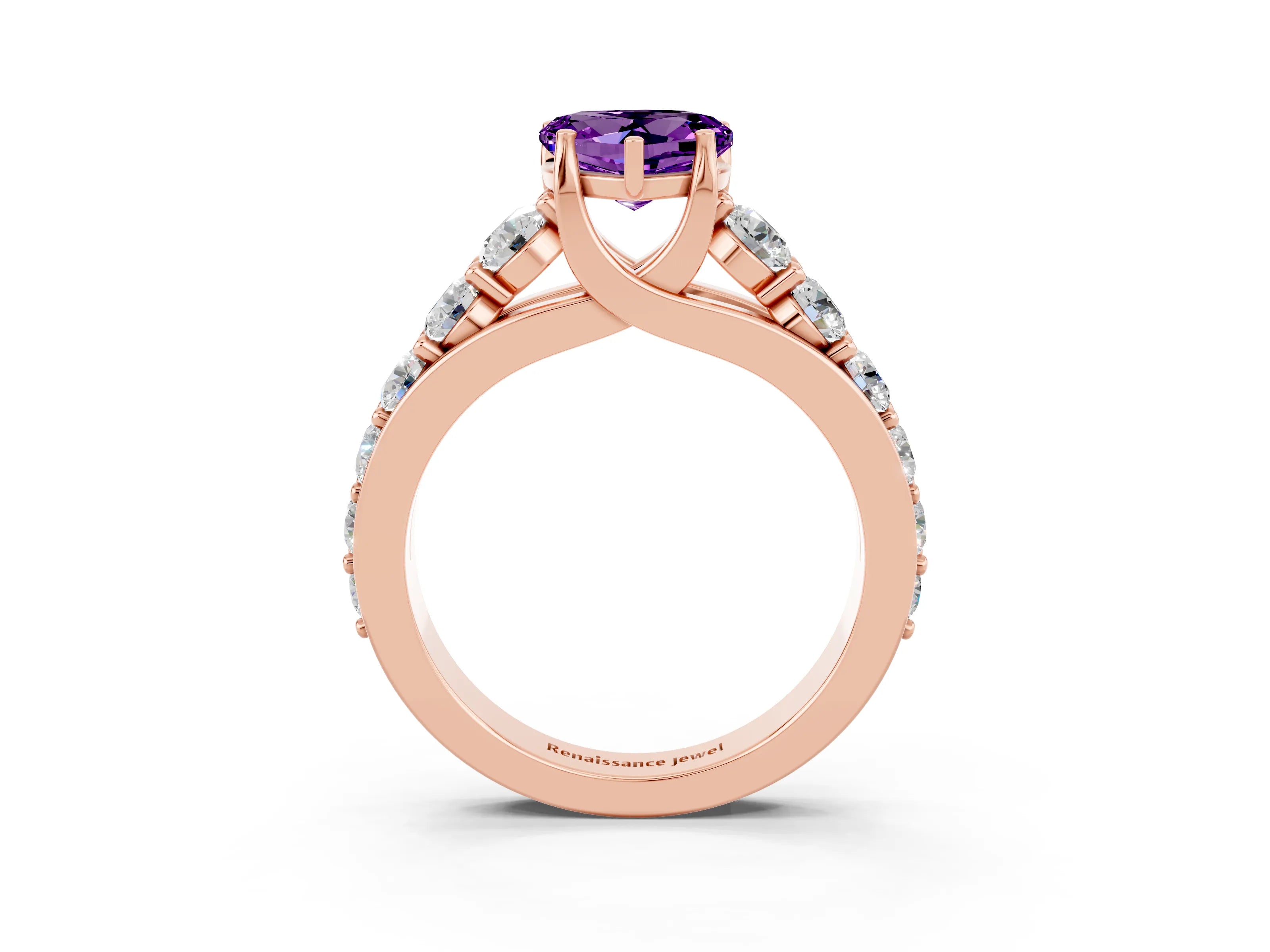 Rose gold Heart Cut Amethyst Engagement Ring with Pavé Band and Four-Prong Setting_3