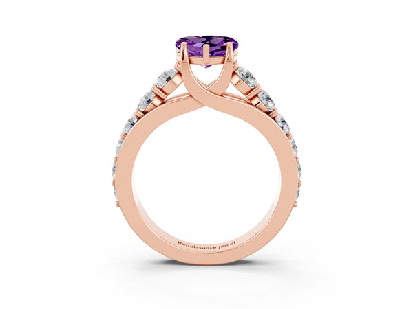 Rose gold Heart Cut Amethyst Engagement Ring with Pavé Band and Four-Prong Setting