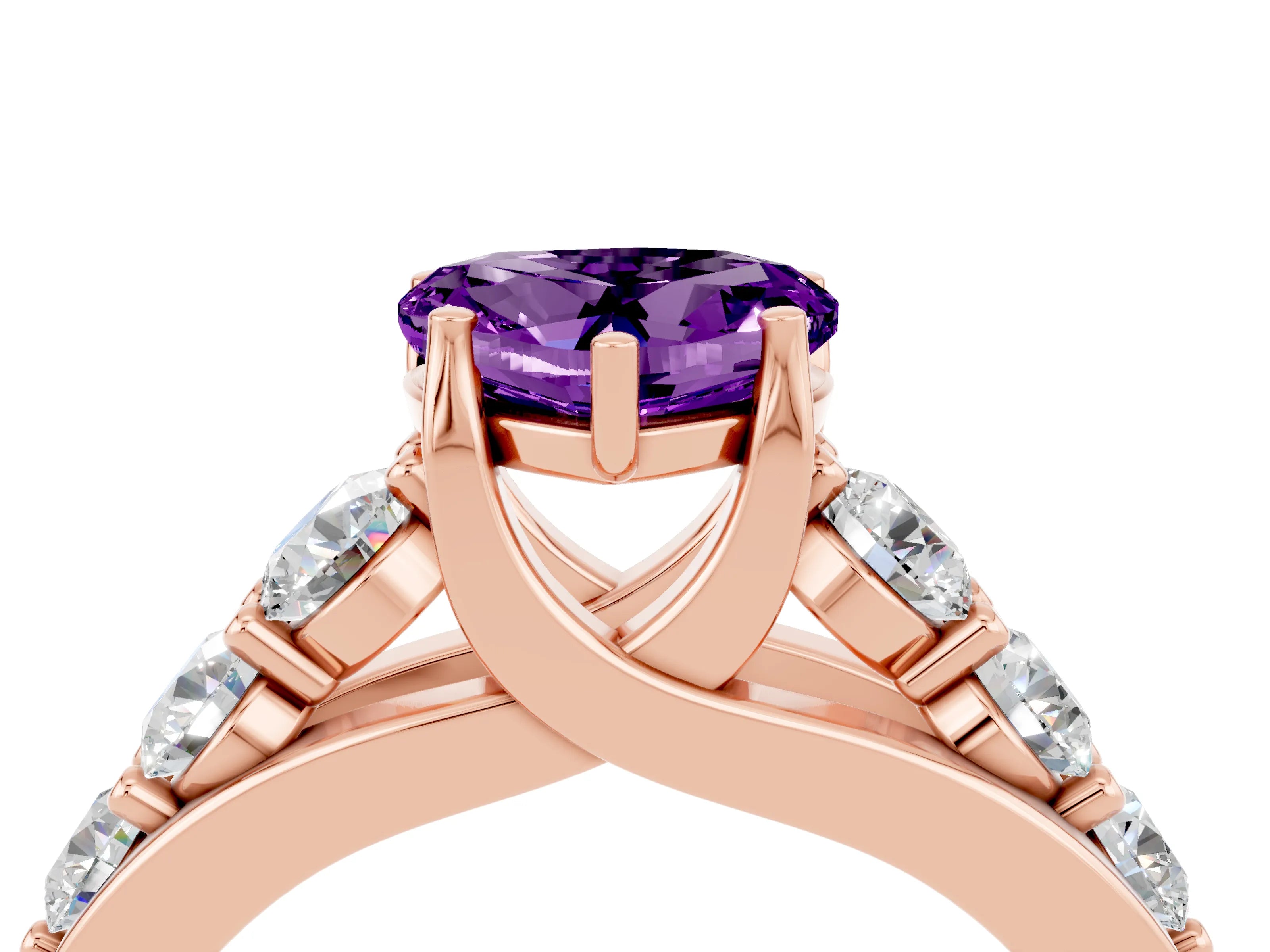 Rose gold Heart Cut Amethyst Engagement Ring with Pavé Band and Four-Prong Setting_4