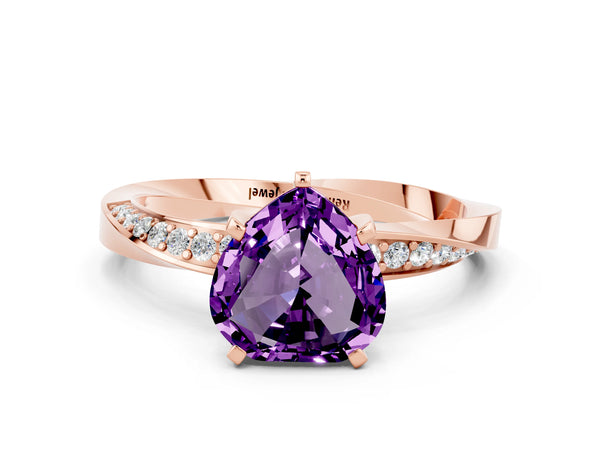 Rose gold Heart Cut Amethyst Engagement Ring with Side Stone Accents and Four-Prong Setting